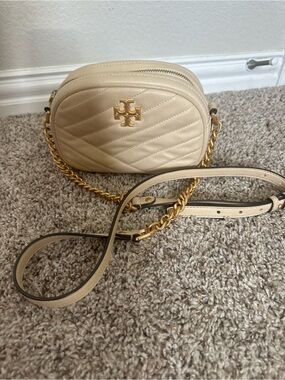 Tory Burch Beige Quilted Kira Camera Crossbody with Gold Hardware